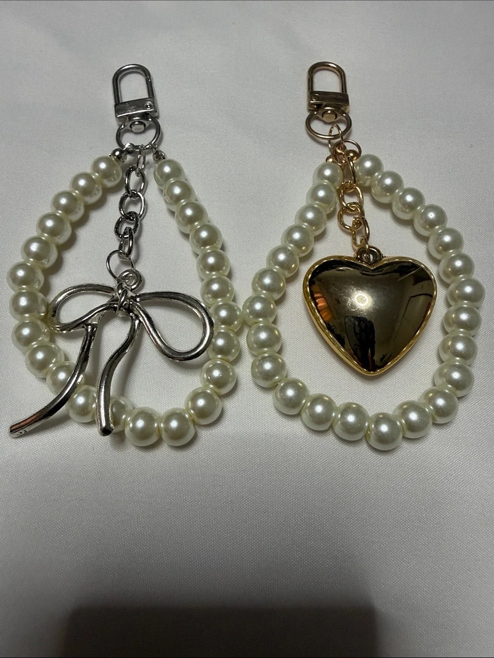Set of 2 Pearl Beaded Keychain with Heart & Bow Charms - Gold & Silver